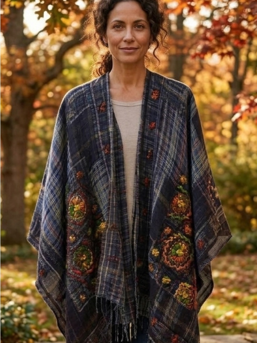 ARATTA SILENT JOURNEY Navy /Gray Plaid Shawl with Autumn Floral Embroidery